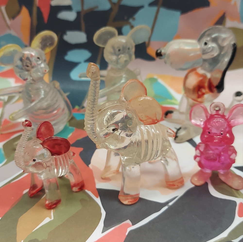 9 Acrylic Lucite Mouse Elephant Swan Figurines Crystallite Pets Vintage